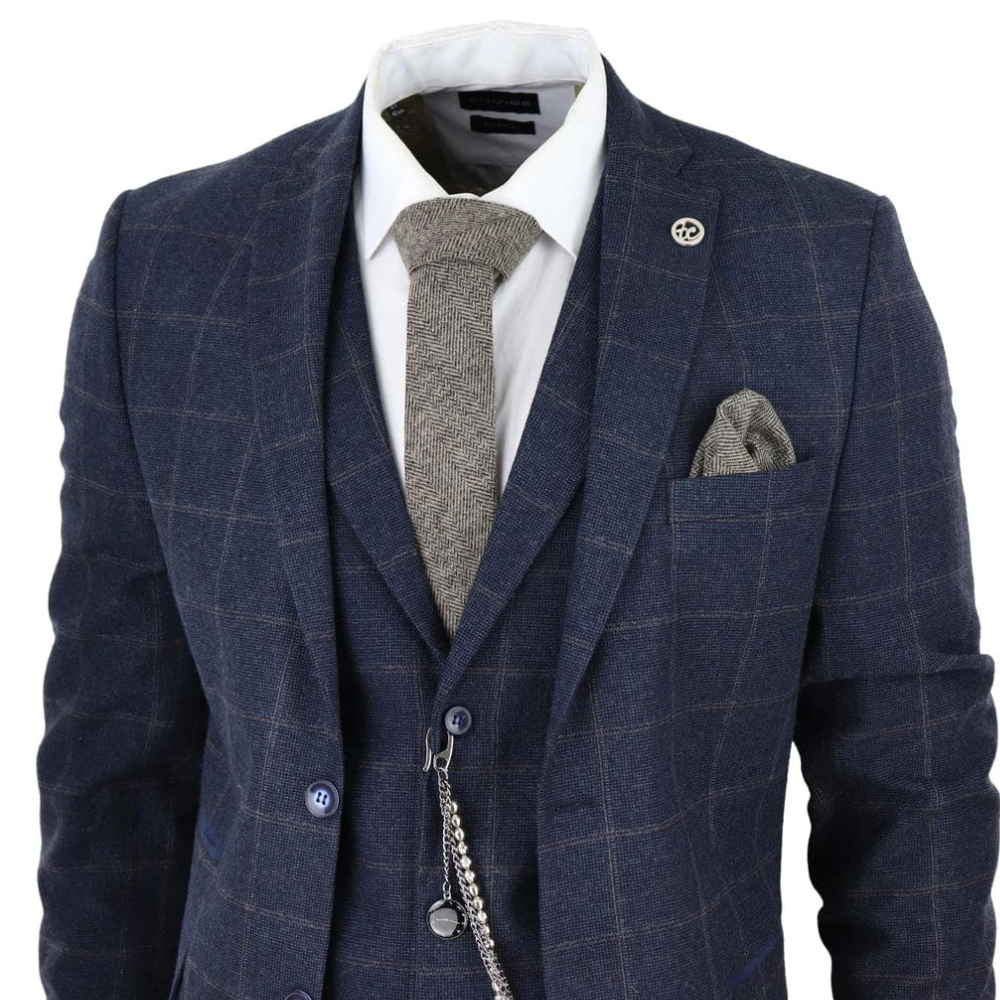 1920s Shelby Mens Navy Blue Herringbone Suit Three Piece