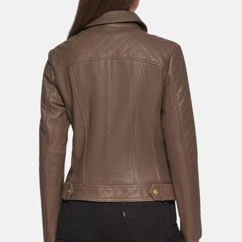 diamond quilled women leather jacket brown