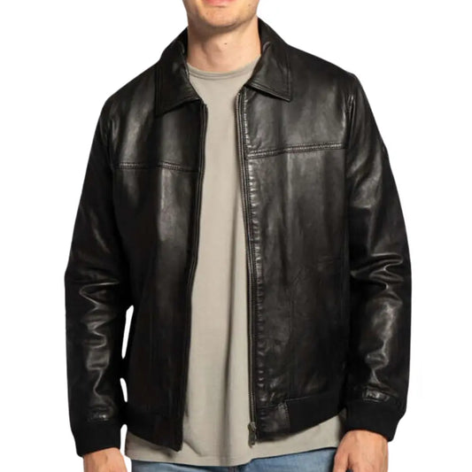 Aaron Black Leather Bomber Jacket