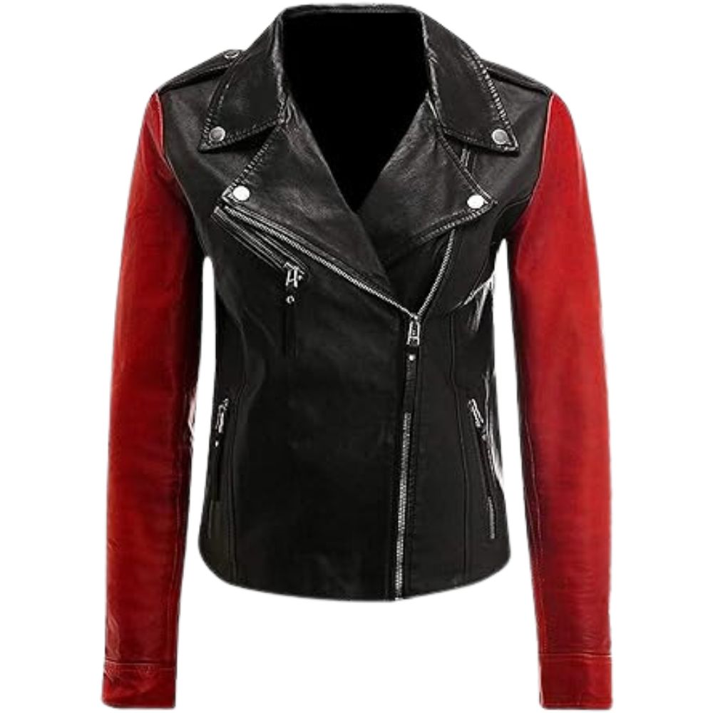 Slim Fit Two-Tone Asymmetrical Biker Leather Motorcycle Jacket Women