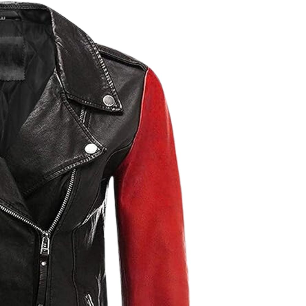 Slim Fit Two-Tone Asymmetrical Biker Leather Motorcycle Jacket Women