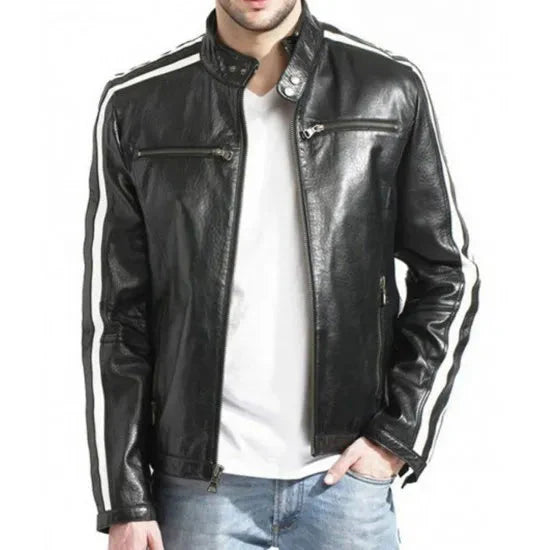 Men's Black Cafe Racer Leather Jacket Featuring White Stripes