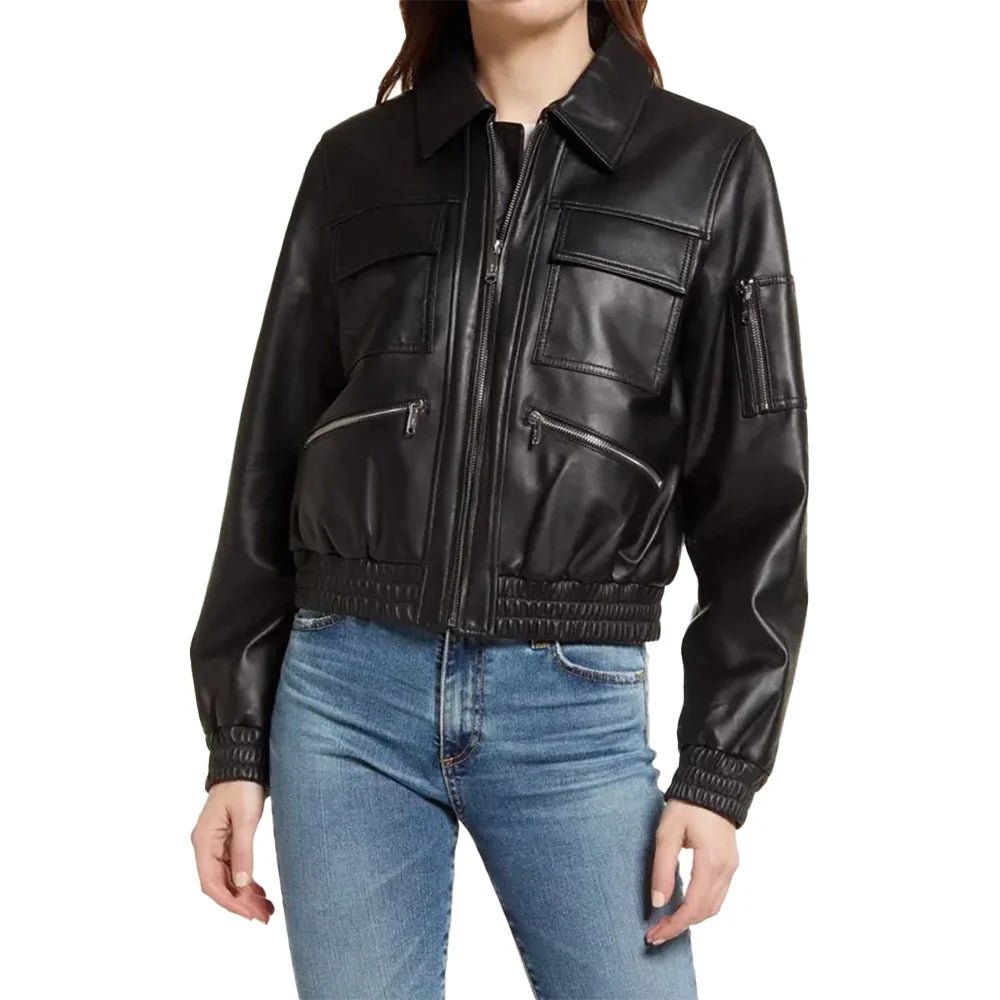 Black Bomber Leather Jacket Womens (2)