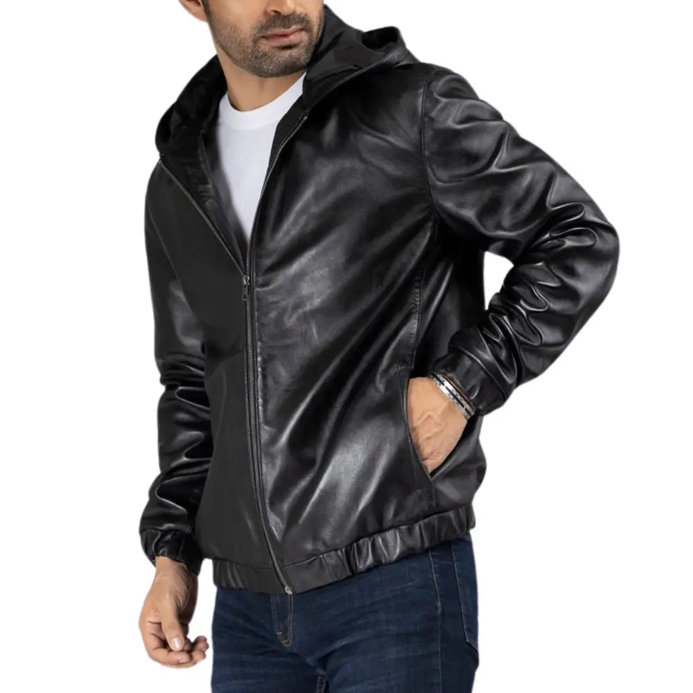 Black Mens Leather Jacket With Hood