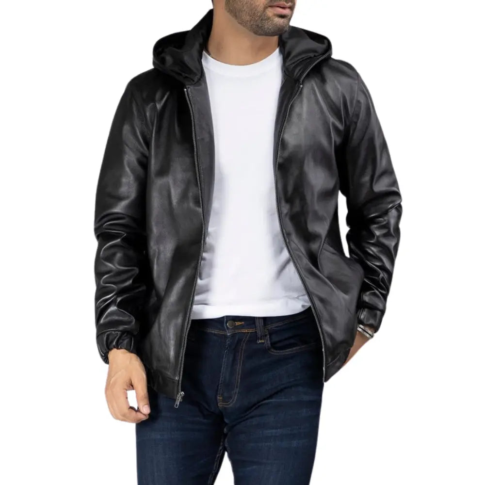 Black Mens Leather Jacket With Hood