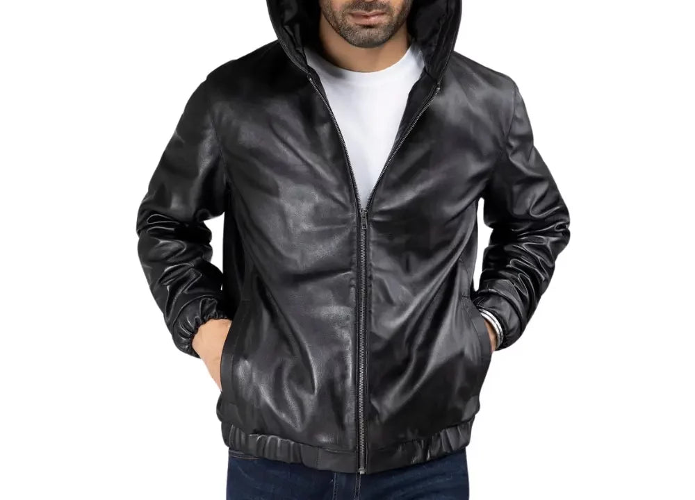 Black Mens Leather Jacket With Hood