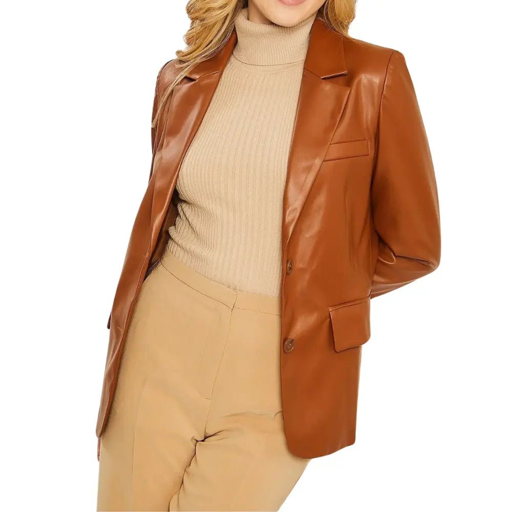 Brown Slim Fit Women's Leather Blazer