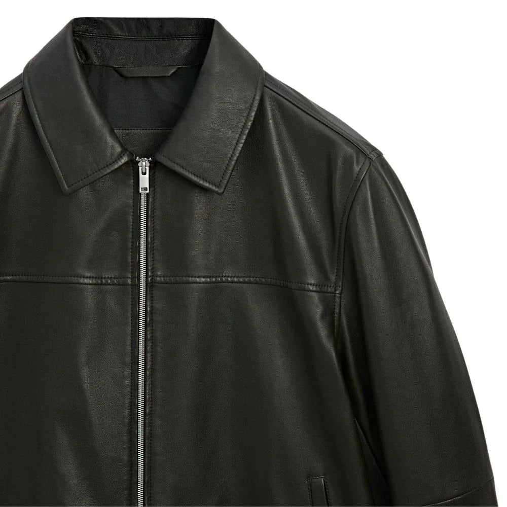 Classic Men's Black Shirt Collar Leather Jacket