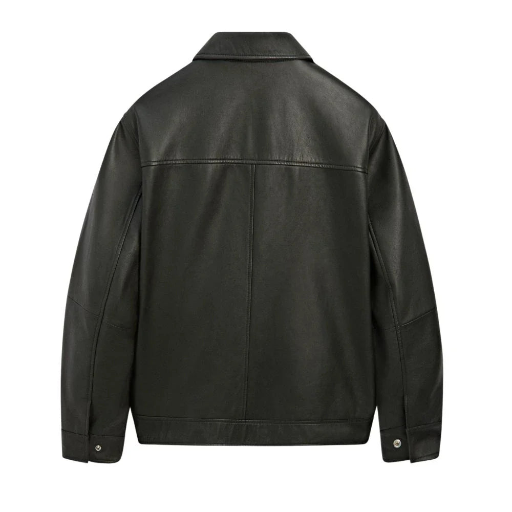 Classic Men's Black Shirt Collar Leather Jacket