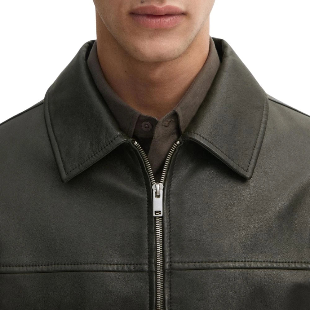 Classic Men's Black Shirt Collar Leather Jacket