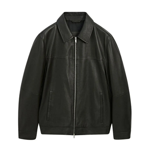 Classic Men's Black Shirt Collar Leather Jacket