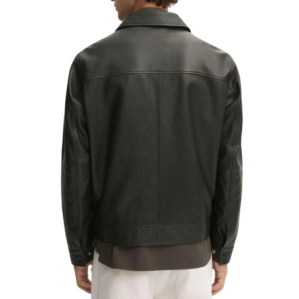 Classic Men's Black Shirt Collar Leather Jacket