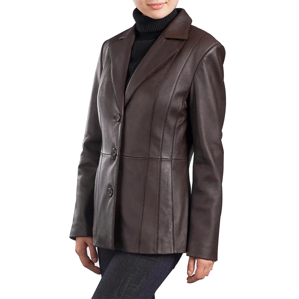 Dark-brown-leather-blazer-womens