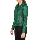 Women's Lapel Collar Emerald Green Leather Motorcycle Jacket