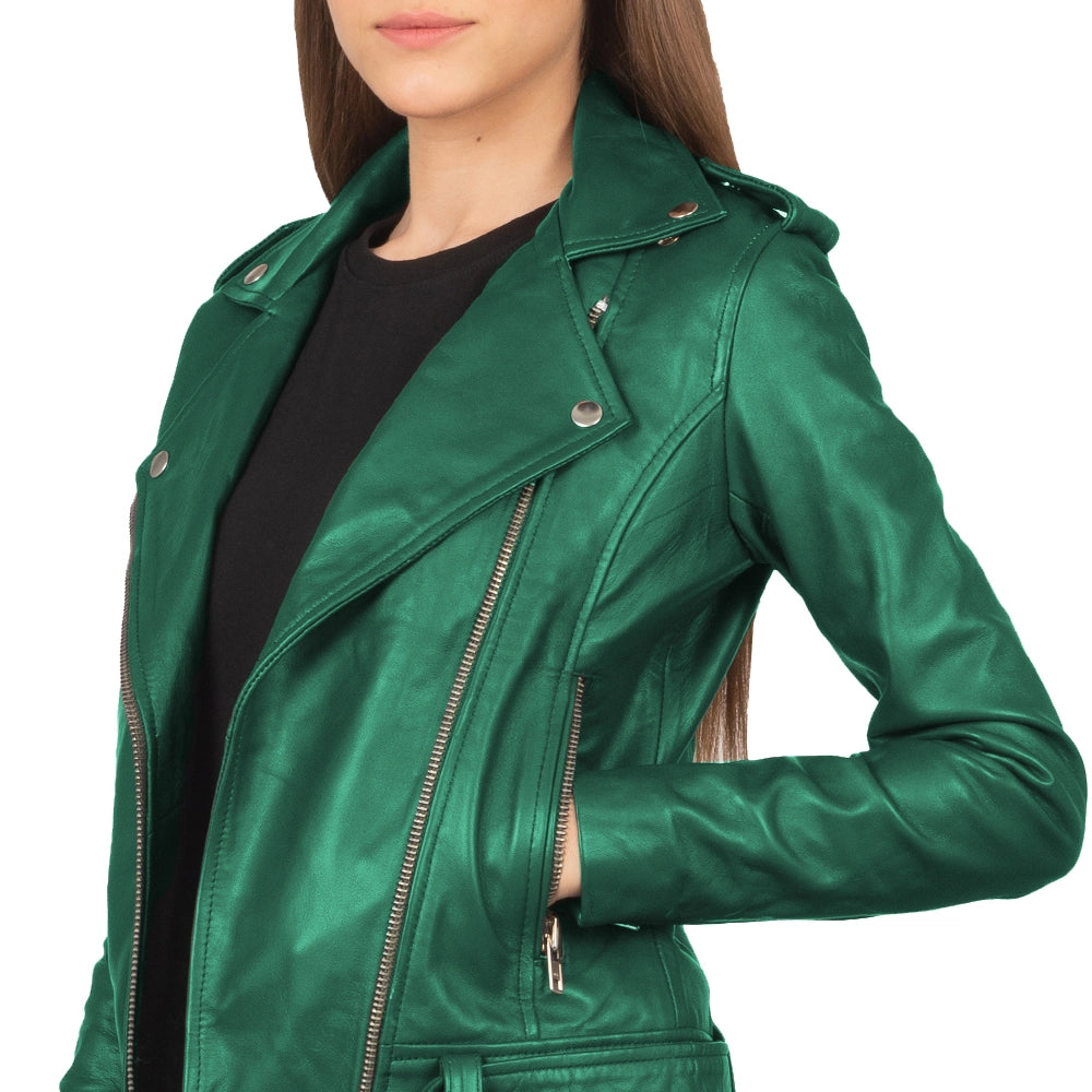 Women's Lapel Collar Emerald Green Leather Motorcycle Jacket