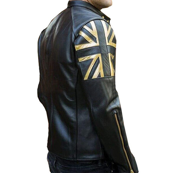 Men Uk Flag Union Jack Biker Black Cafe Racer Leather Jacket