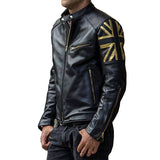 Men Uk Flag Union Jack Biker Black Cafe Racer Leather Jacket