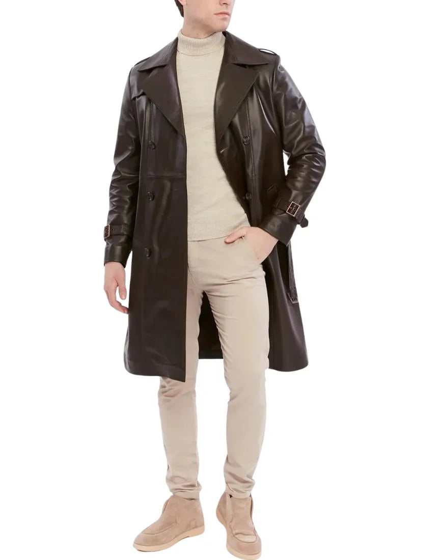 Men's Double Breasted Brown Trench Leather Coat