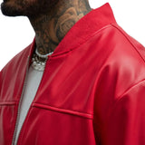 Men's Arm Pocket Red Leather Bomber Jacket