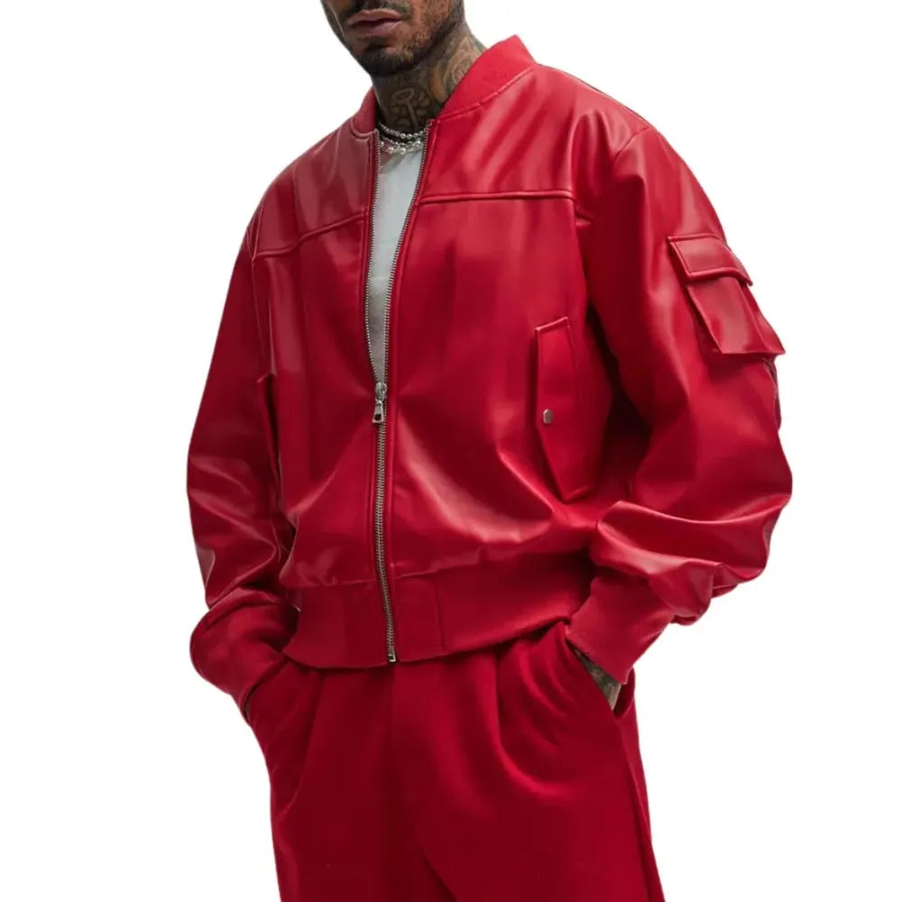 Men's Arm Pocket Red Leather Bomber Jacket (4)