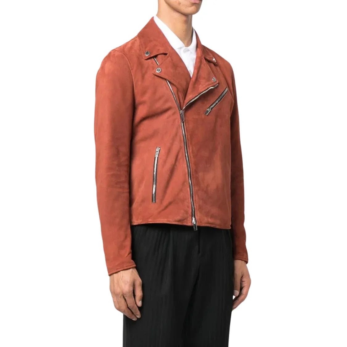 Men’s Asymmetrical Orange Suede Moto Jacket