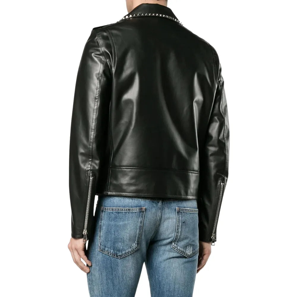 Mens Asymmetrical Studded Leather Black Biker Jacket