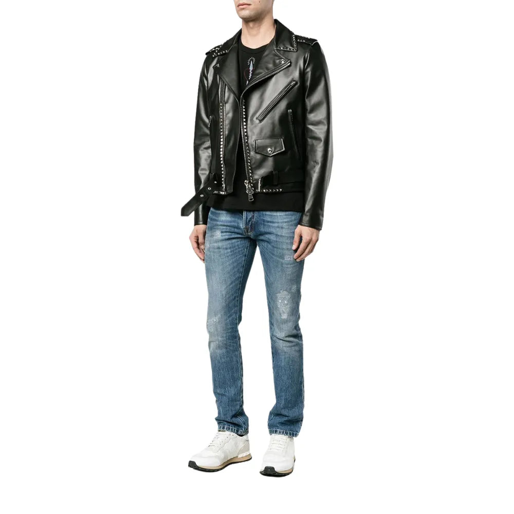 Mens Asymmetrical Studded Leather Black Biker Jacket