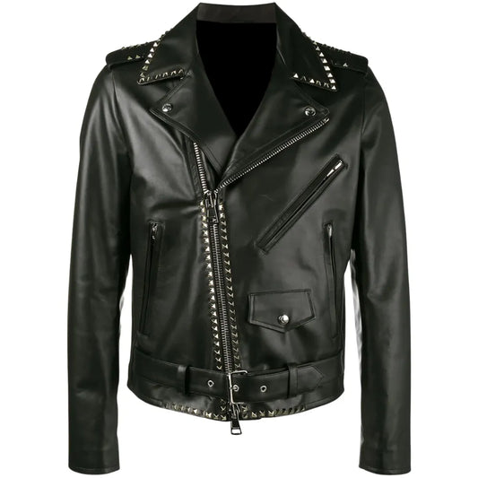 Mens Asymmetrical Studded Leather Black Biker Jacket