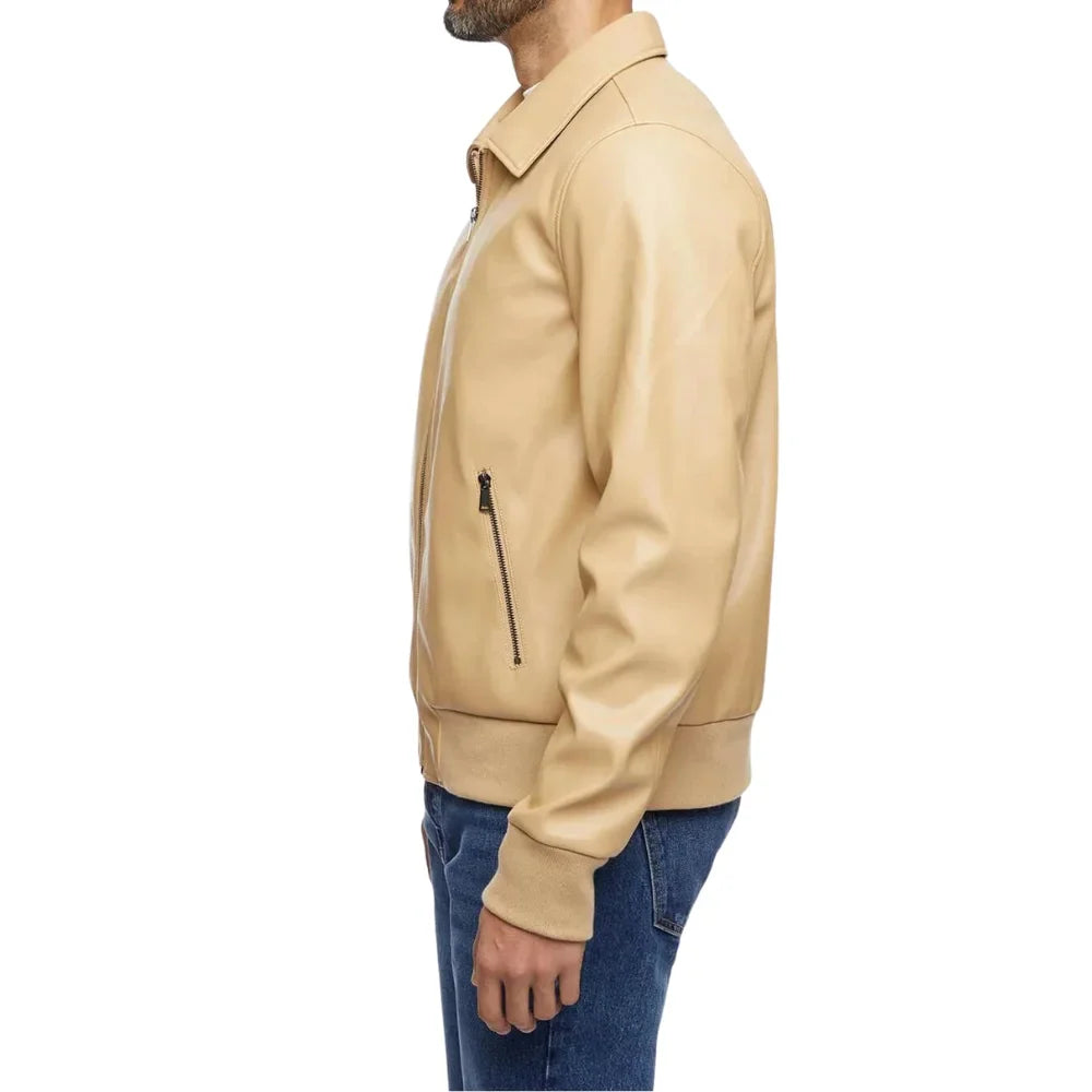 Men’s Beige Bomber Leather Shirt Jacket