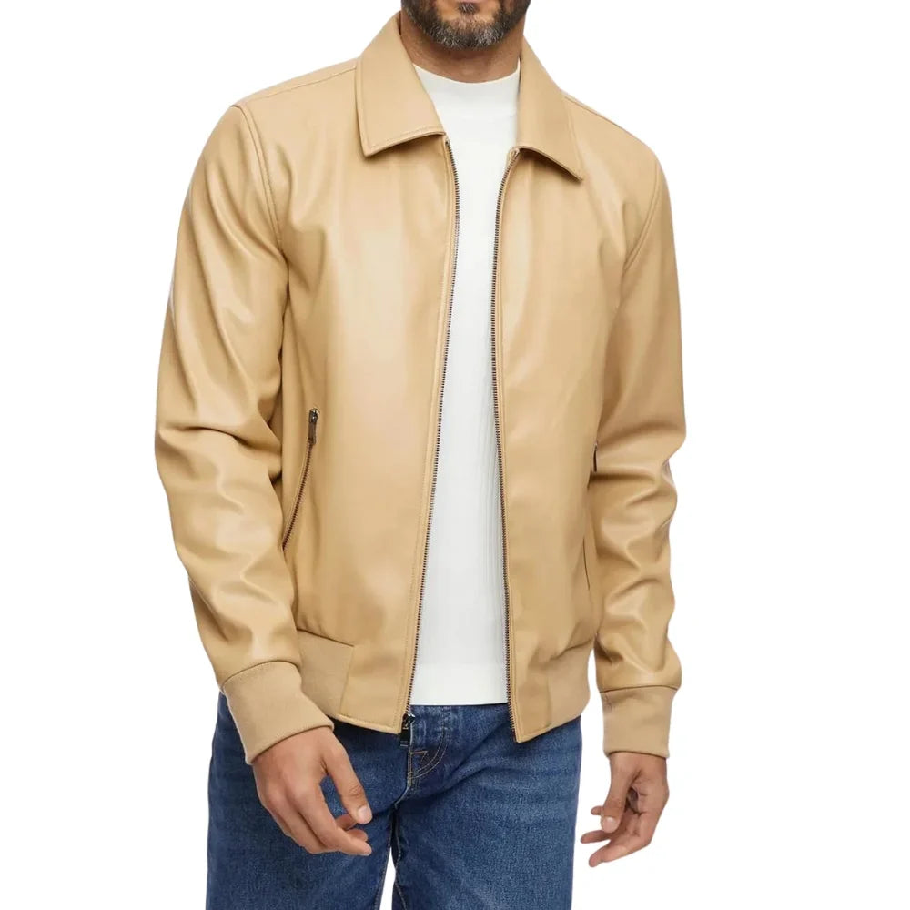 Men’s Beige Bomber Leather Shirt Jacket