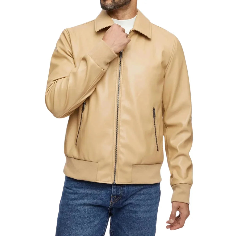 Men’s Beige Bomber Leather Shirt Jacket