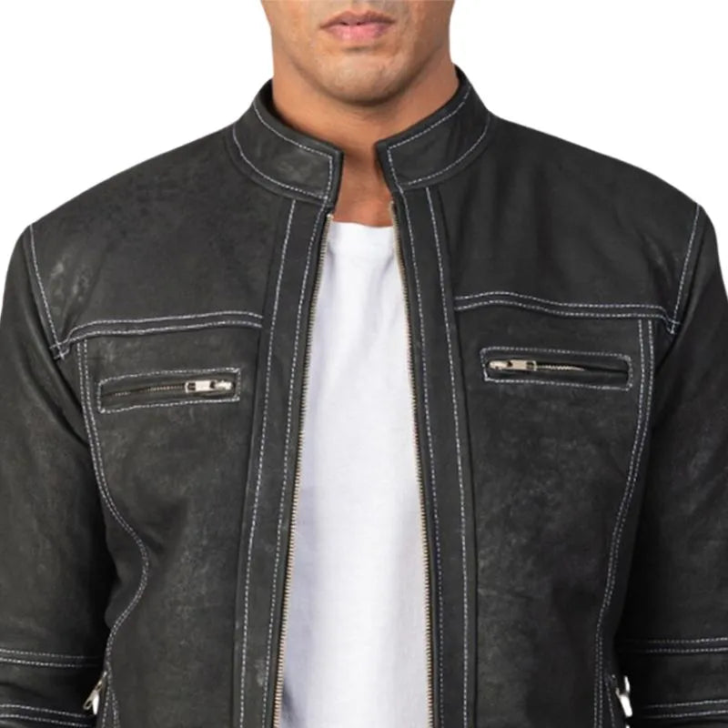 Men's Black Biker Distressed Leather Jacket