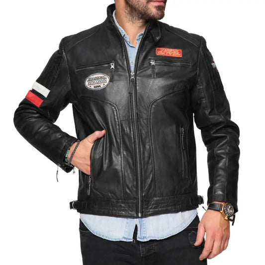 Men's Black Cafe Racer Leather Jacket With Patches - Black (1)