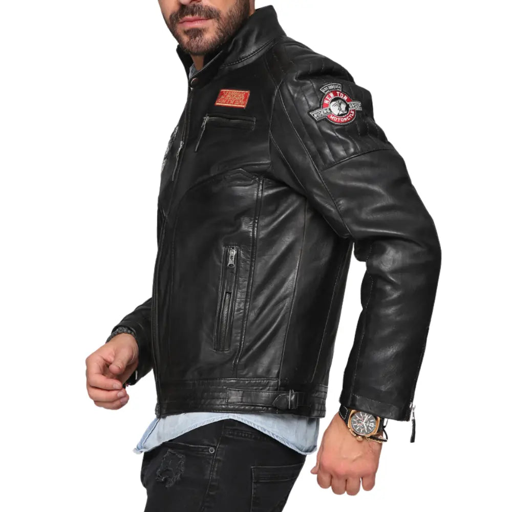 Men's Black Cafe Racer Leather Jacket With Patches