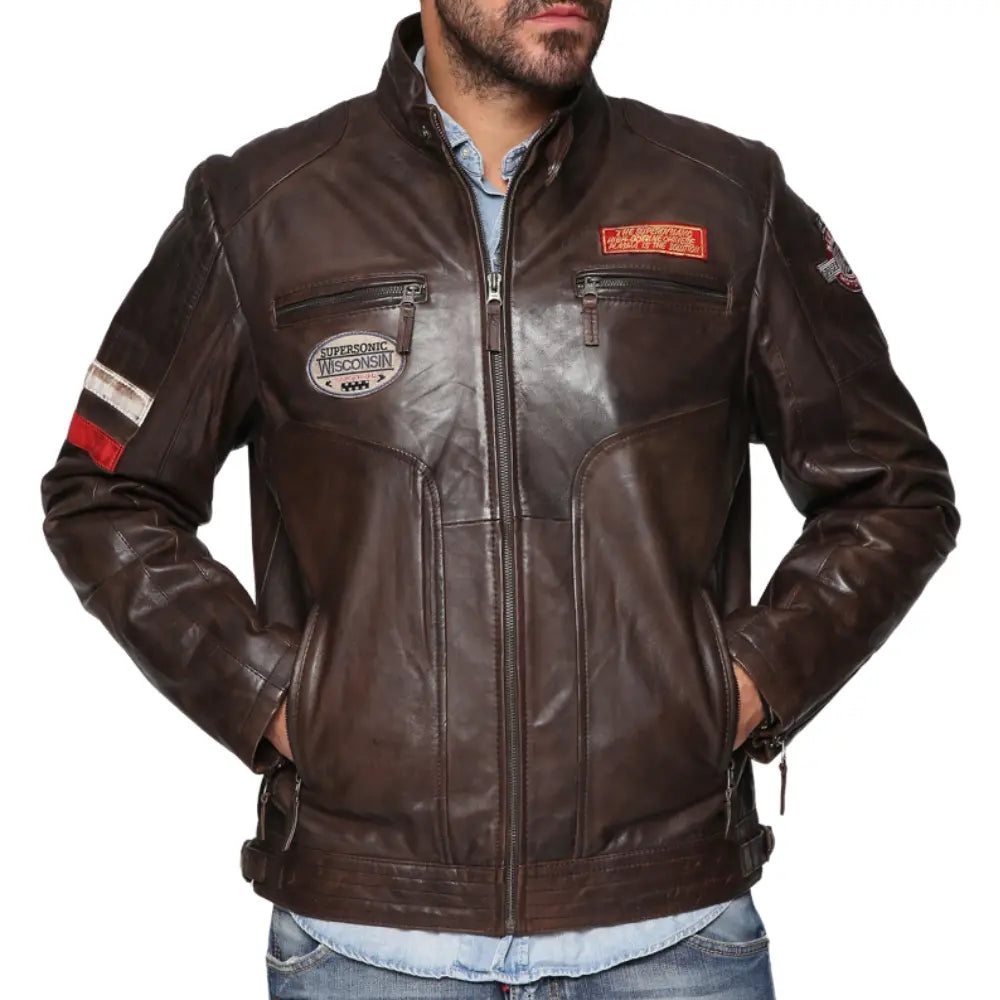 Men's Black Cafe Racer Leather Jacket With Patches