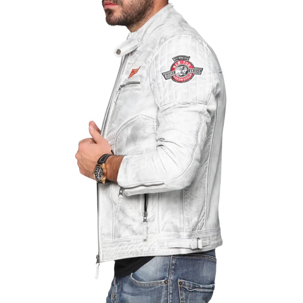 Mens Black Cafe Racer Leather Jacket With Patches - White (4)