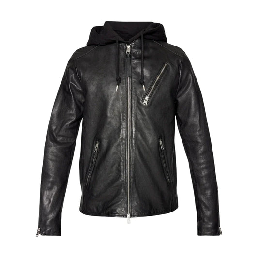 Men's Black Hooded Leather Bomber Jacket