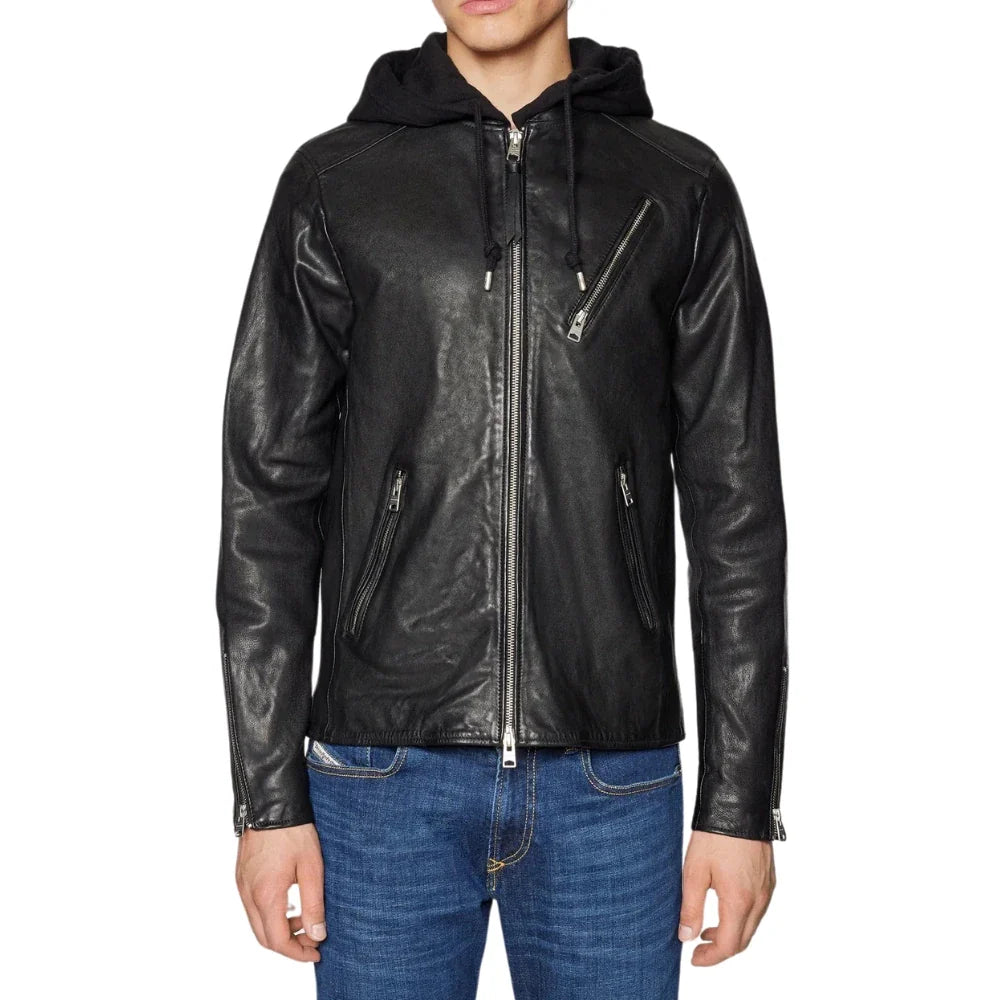 Men's Black Hooded Leather Bomber Jacket