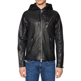 Men's Black Hooded Leather Bomber Jacket