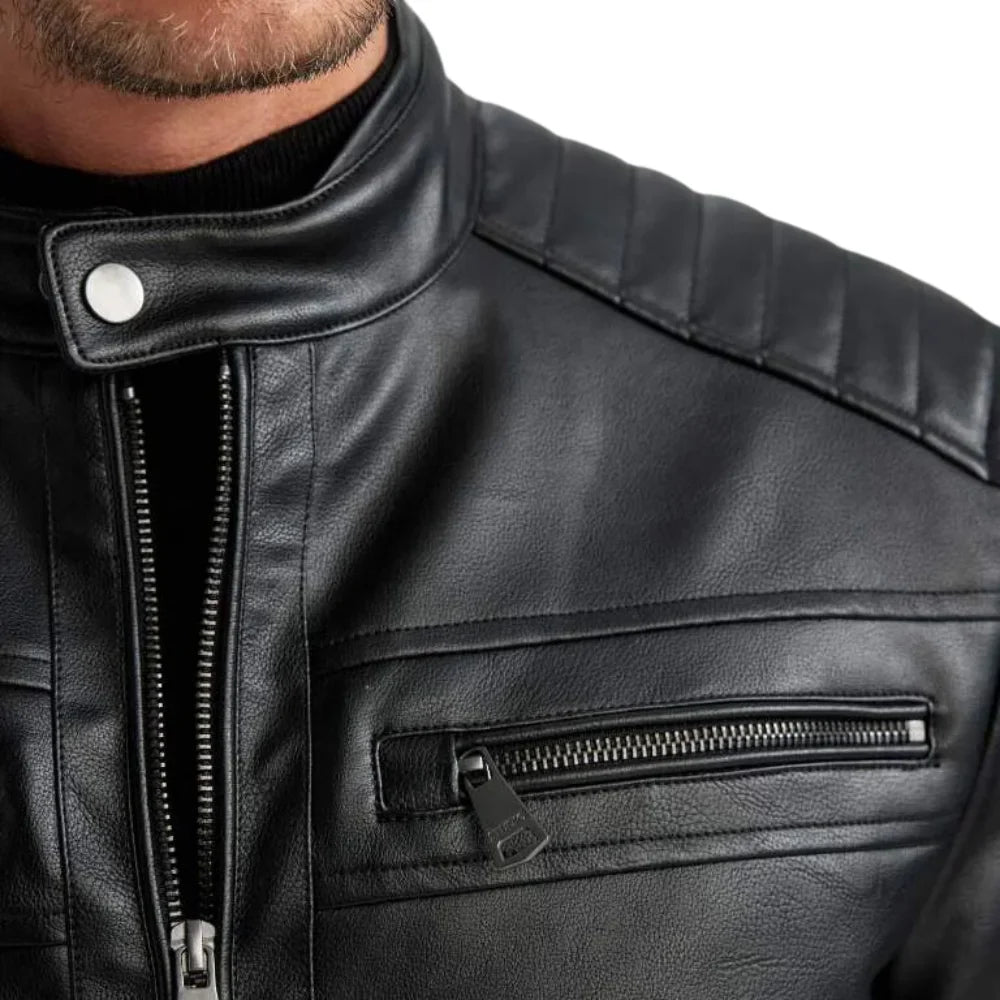 Mens Black Leather Cafe Racer Jacket with Quilted Shoulder