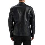 Mens Black Leather Cafe Racer Jacket with Quilted Shoulder