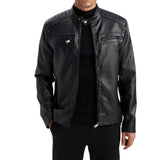 Mens Black Leather Cafe Racer Jacket with Quilted Shoulder