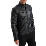 Mens Black Leather Cafe Racer Jacket with Quilted Shoulder