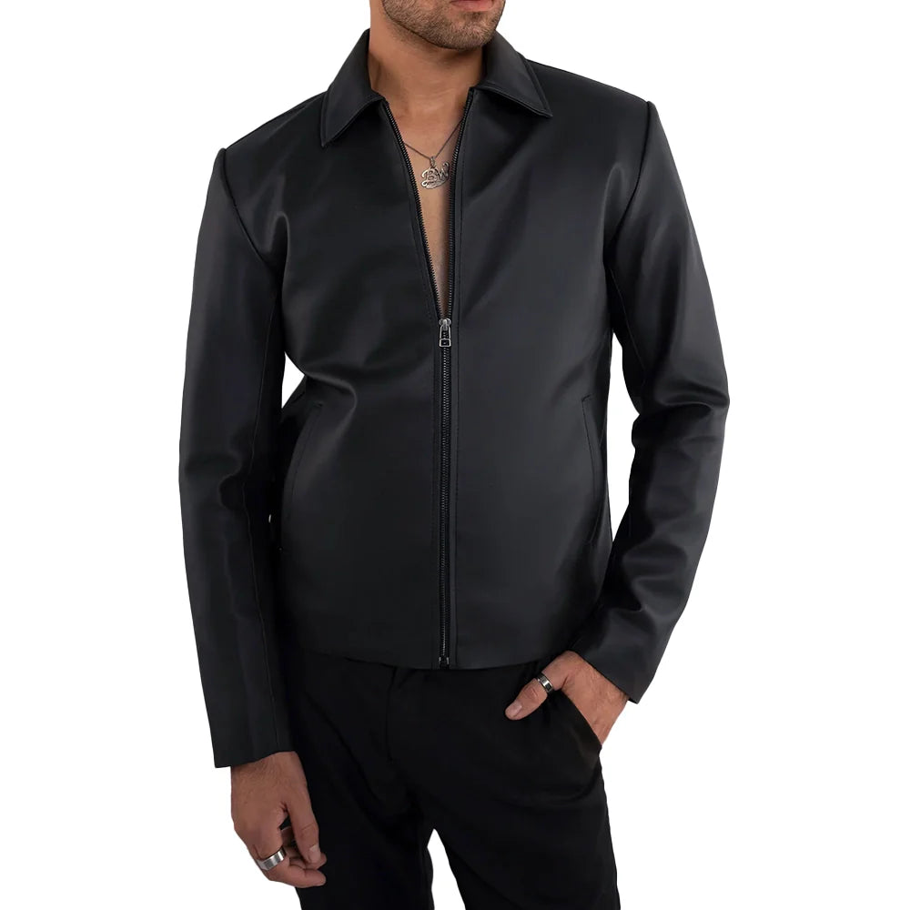 Men’s Black Leather Shirt Collar Jacket