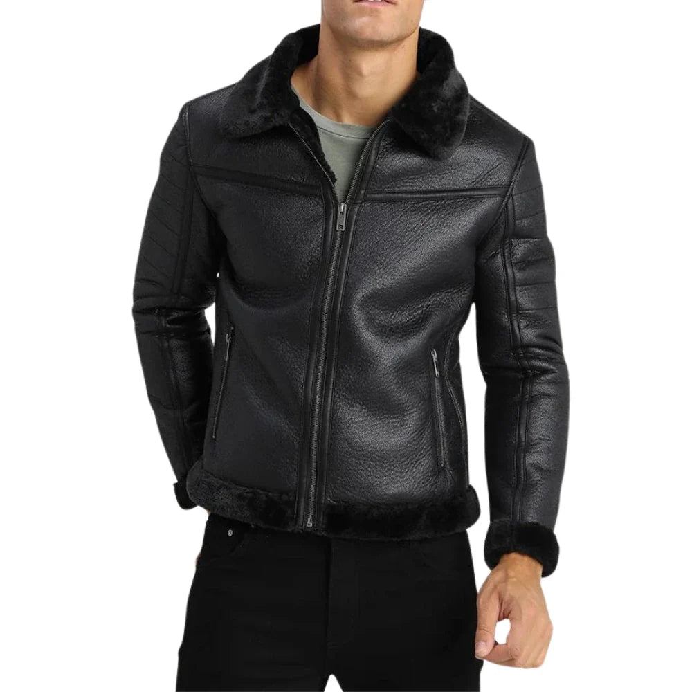 Men's Black Lightly Padded Rugged Shearling Leather Jacket