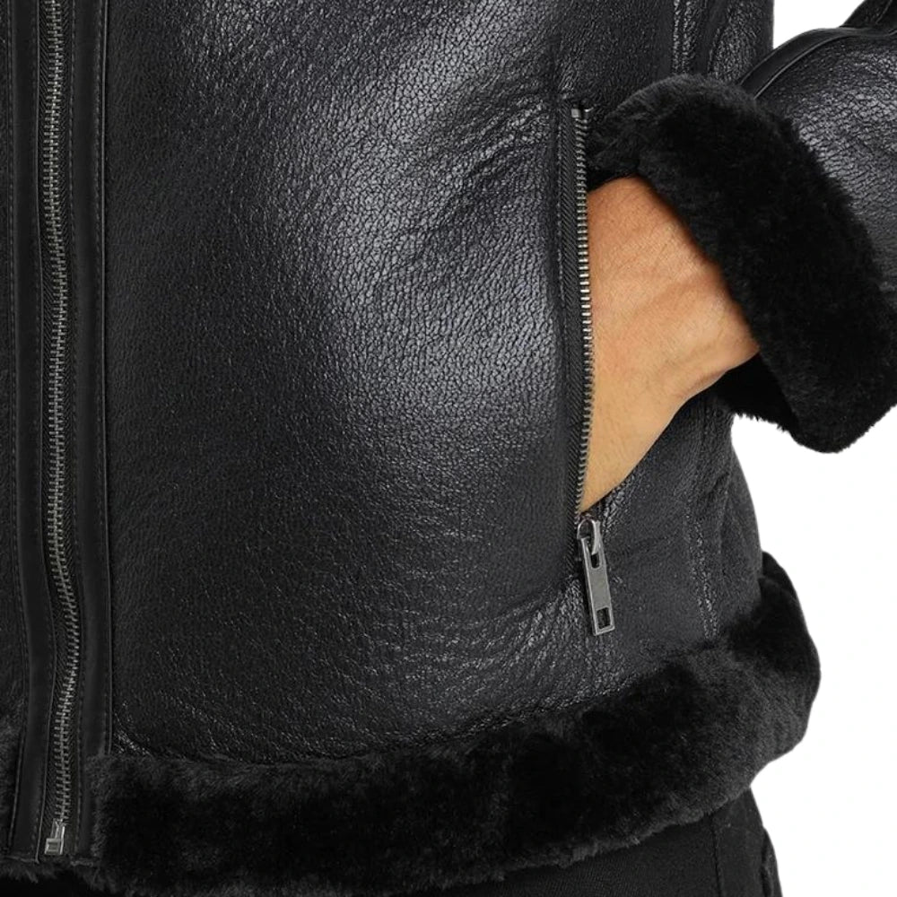 Men's Black Lightly Padded Rugged Shearling Leather Jacket