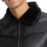 Men's Black Lightly Padded Rugged Shearling Leather Jacket