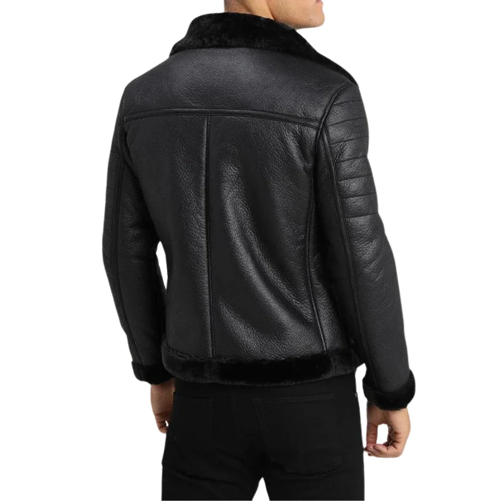 Men's Black Lightly Padded Rugged Shearling Leather Jacket