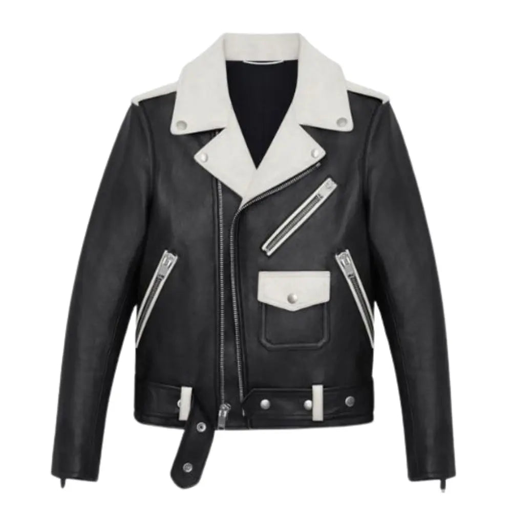 Men's Black and White Leather Biker Jacket