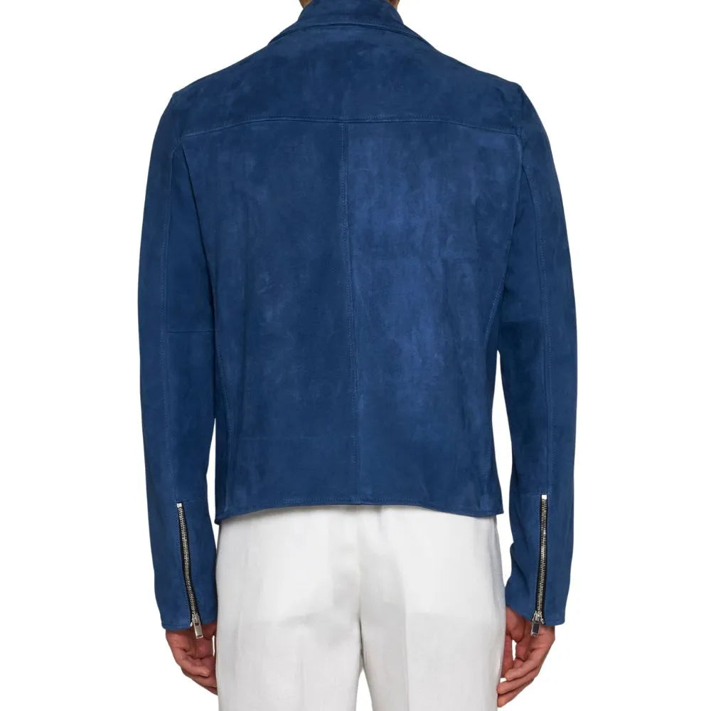 Mens Blue Suede Leather Biker Jacket